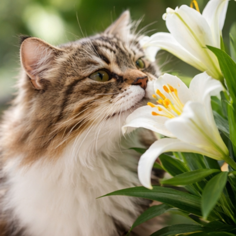 Cat sniffing lilies
